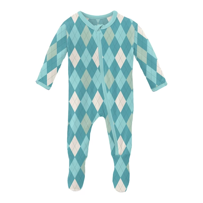 PRINT FOOTIE WITH ZIPPER IN GLACIER ARGYLE 1 PRINT FOOTIE WITH ZIPPER IN GLACIER ARGYLE