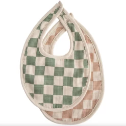 Mushie MUSLIN BIB 2-PACK IN OLIVE CHECK/ NATURAL CHECK