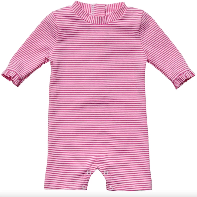 RASPBERRY STRIPE 3/4 SLEEVE SUNSUIT 1 RASPBERRY STRIPE 3/4 SLEEVE SUNSUIT