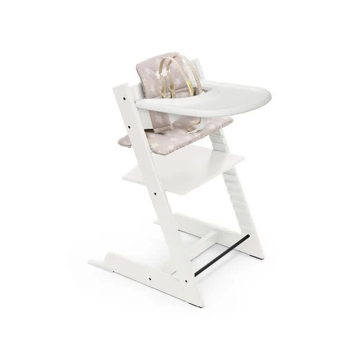 Stokke TRIPP TRAPP HIGH CHAIR COMPLETE WHITE WITH SILVER STARS CUSHION AND TRAY 1 Stokke TRIPP TRAPP HIGH CHAIR COMPLETE WHITE WITH SILVER STARS CUSHION AND TRAY